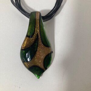 Dichroic Glass Choker‎ Necklace Teardrop Green Black Gold 8"